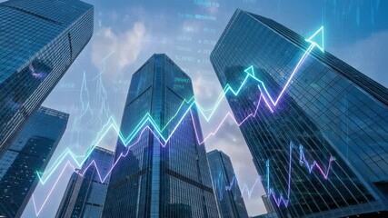 Modern skyscrapers with digital financial growth overlay in a vibrant urban skyline - Powered by Adobe