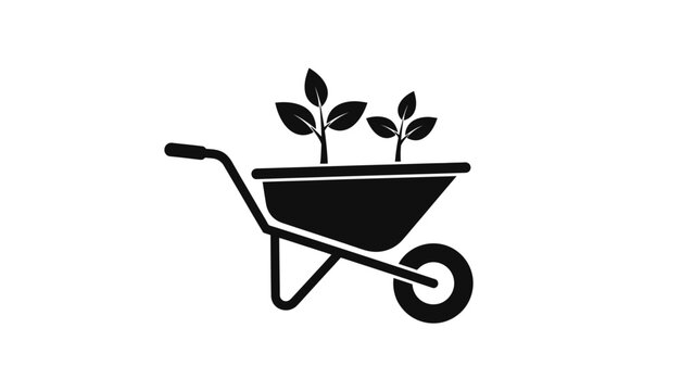 Black and white vector illustration of a wheelbarrow with plants.