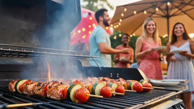 Delicious Barbecue Skewers at a Summer Outdoor Party with Friends and Family