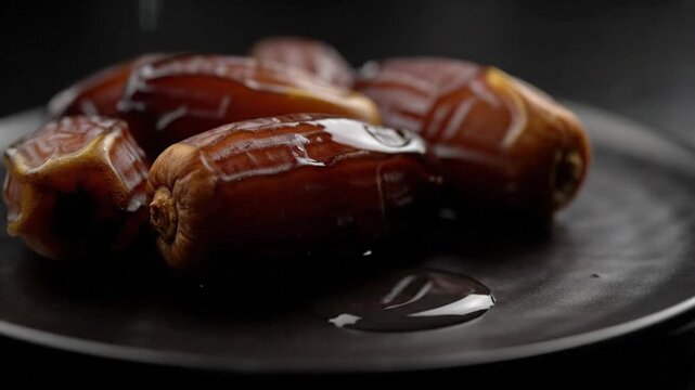Close up of dates being drizzled with a thick liquid in slow motion on a dark plate