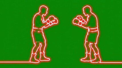 Two boxers in fighting stance with gloves raised against a green background with neon