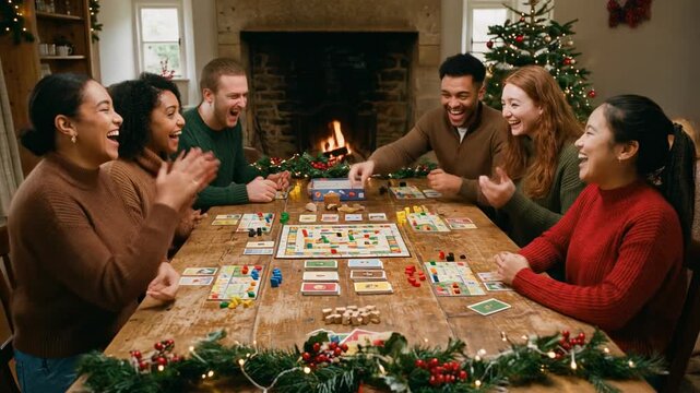 Joyful Friends Playing Board Games Together by the Fireplace in Cozy Living Room