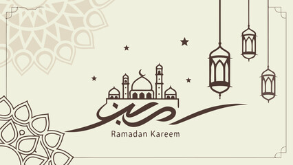 Elegant Ramadan Kareem Greeting with Mosque and Lanterns
