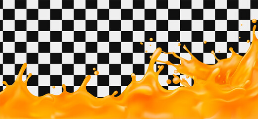 3D vector dynamic orange juice splash wave across bottom border Realistic 3D liquid flow with droplets Isolated on transparent background for beverage advertising