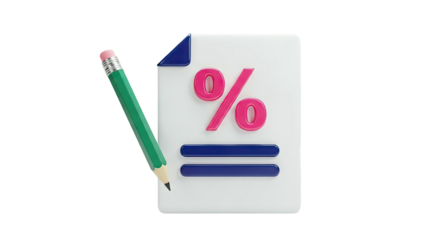 3D Rendering of a Percentage Symbol on Paper with a Pencil