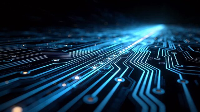 Electronic circuit board with glowing blue traces and bright components on dark background