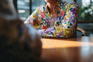 Stock photo of A job interview scene across a table, wearing colorful floral shirt, concept of Business x Songkran, high shutter speed water freeze, energetic summer vibes, style o