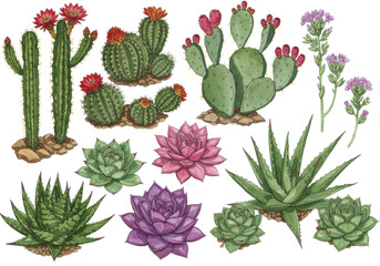 Detailed watercolor of vibrant desert succulents and cacti including columnar with red blooms, prickly pear with pink fruit, Echeveria, Aloe Vera, on a transparent background. Concept of botanical