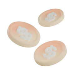 Three 3D gold coins with dollar signs floating in the air representing wealth and finance