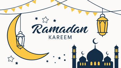 Ramadan Kareem Greeting with Mosque and Lanterns