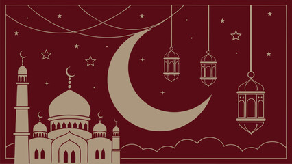Ramadan Night with Mosque, Moon, and Lanterns