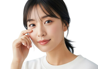 Attractive asian woman touching her face isolated on transparent background