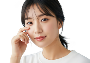 Attractive asian woman touching her face isolated on transparent background