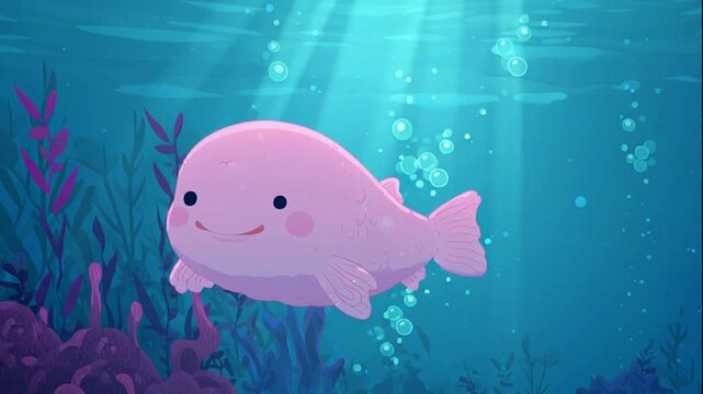 Adorable Pink Cartoon blobFish Swimming Deep Blue Ocean Water