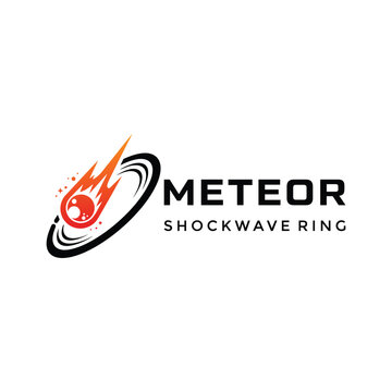 Dynamic Meteor Comet with fiery tail streaking through a shockwave ring for technology gaming or science logo design