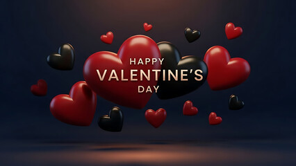Happy Valentine's Day text centered on large red and black hearts floating in dark room, surrounded by smaller hearts, romantic celebration, love, affection, relationship, greeting, anniversary, 