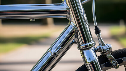 Closeup of a vintage chrome bicycle frame gleaming in the sunlight on a paved road, showcasing its classic design and reflecting the surrounding environment with a nostalgic feel.
