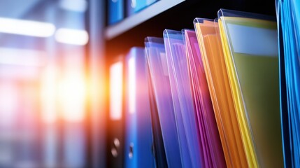 Row of translucent colored folders on a shelf, sunlight flare from the left creating a rainbow of spines. glow