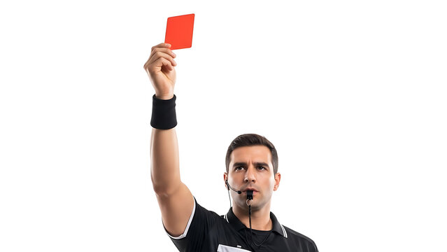 A male soccer referee showing a red card with a stern expression, making a hand gesture, against a plain white background.