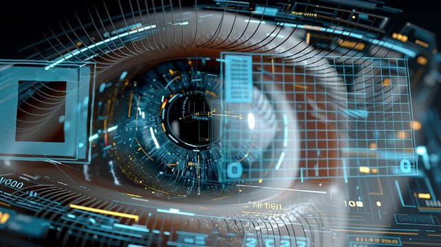 A digital android eye made of circuits and data streams, scanning the environment, object recognition scans. 