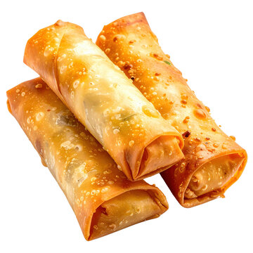 Golden brown popiah rolls with savory filling, professionally isolated on a clean white studio background