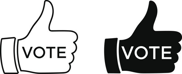 Black and white vote thumbs up icons showing approval concept, political election symbol, social media like gesture, flat vector illustration for campaigns and civic engagement