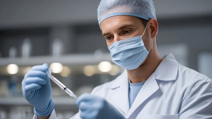 A focused scientist in protective gear meticulously handles a syringe in a sterile laboratory setting preparing for a medical experiment or analysis