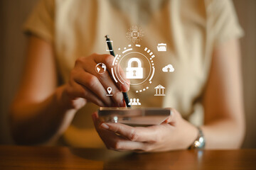 Businessman finger touching padlock icon.Cybersecurity protection concept.Innovative digital crime prevention technology.Financial data protection financial transaction security