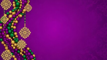 Purple background with gold and green beads and ornate decorations hanging down  festive Mardi Gras elements