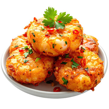 Golden brown ukoy, a traditional philippine shrimp fritter, isolated on a stark white background for a clean food presentation