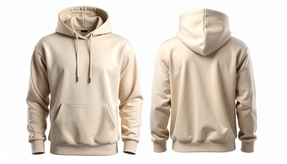 Beige hoodie front and back with drawstring hood and kangaroo pocket
