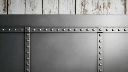 Metal plate secured with rivets against a weathered white wooden wall creates a textured and industrial backdrop with a rustic and aged feel.