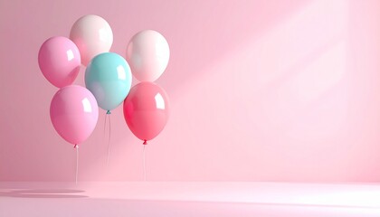 Floating birthday decorations with soft lighting and gentle shadows, clean background, modern festive style, ultra HD