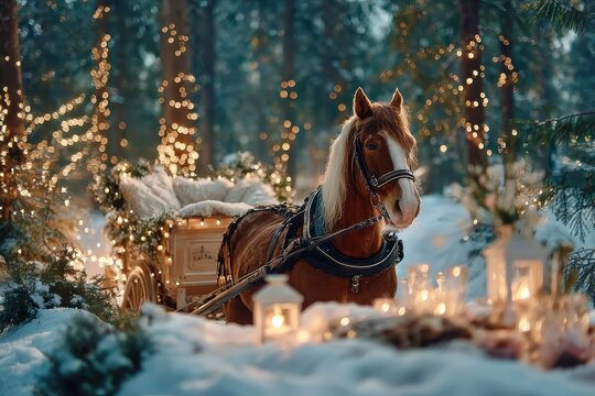 Majestic Horse Pulling a Festively Adorned Sleigh Through a Winter Wonderland Surrounded by Twinkling Lights and Soft Snowfall in a Serene Forest Setting