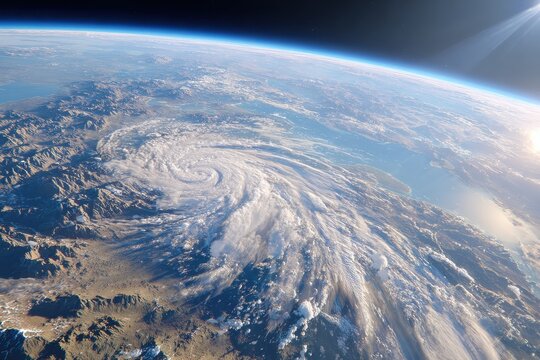 Mesmerizing View of Earth from Space Capturing a Powerful Hurricane Forming Over the Ocean Surrounded by Clouds, Mountains, and Vast Landscapes Below