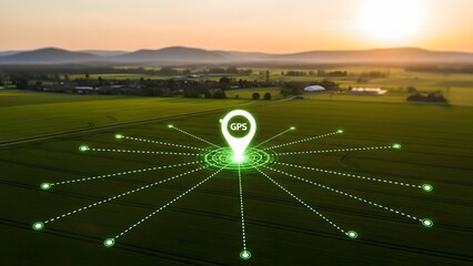 Green GPS location pin on agricultural field. Precision farming and smart agriculture. Digital navigation icon tracking land coordinates and crop management on farm