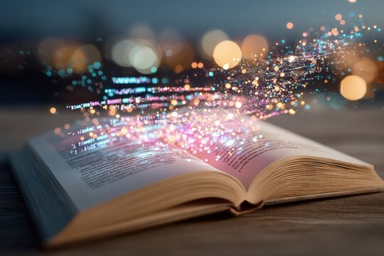 Open book with magical glowing elements rising from pages, symbolizing creativity, knowledge, and imagination in a dreamy background with sparkling lights