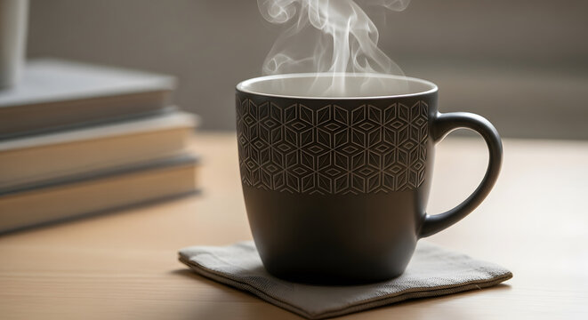 Steaming dark coffee mug with geometric pattern resting on a coa