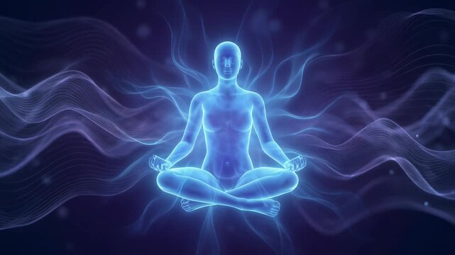 Meditating figure with glowing energy, representing mindfulness and tranquility in a serene atmosphere