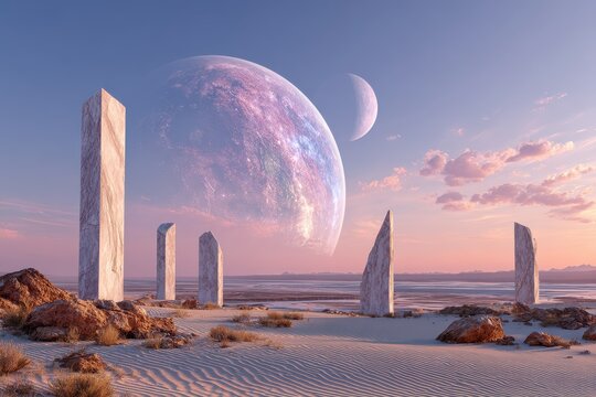 Otherworldly landscape featuring towering monoliths under a colorful celestial sky with distant planets and a serene desert environment at dusk