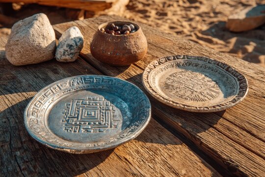 Rustic Artistic Plates and Clay Bowl with Stones on Wooden Table Surrounded by Nature in Soft Evening Light, Perfect for Cultural and Historical Themes