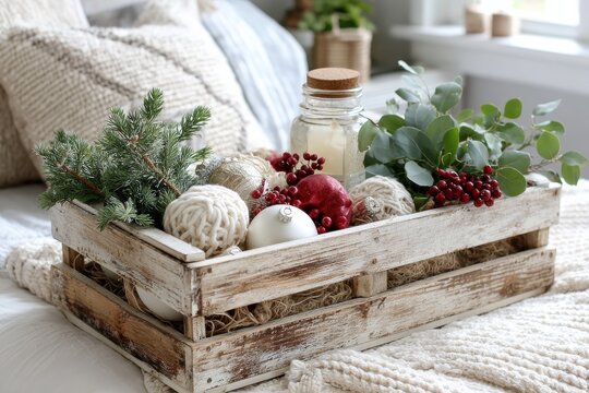 Rustic Christmas Decor Arrangement with Natural Elements Including Greenery, Ornaments, and Seasonal Accents Set on Cozy Bed Linen for Holiday Cheer