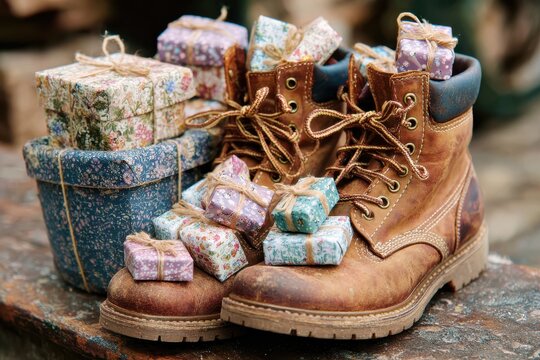Rustic Leather Boots Surrounded by Colorful Gift Boxes on a Weathered Surface Perfect for Holiday Themes and Festive Celebrations in a Cozy Setting