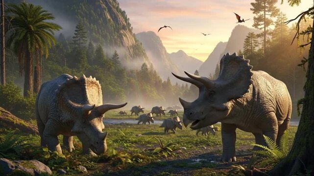 Majestic Triceratops Dinosaurs in a Lush Primeval Jungle