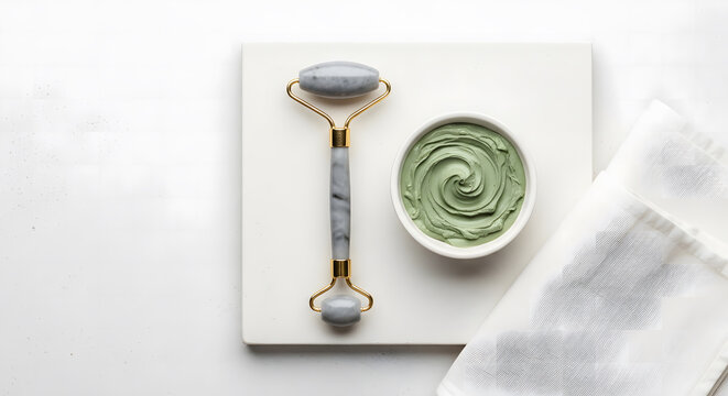 Gray stone facial roller and green clay mask bowl on a white mar