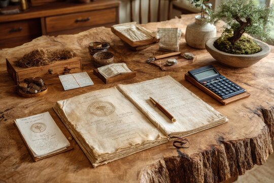 Rustic workspace with vintage documents, natural wood table, decorative plants, and stationery elements creating a warm and inviting atmosphere for creative tasks and reflections.