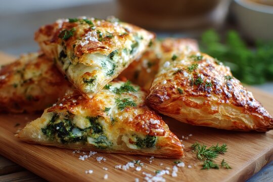 Savory Pastries with Crispy Flaky Crust Filled with Spinach and Cheese, Perfectly Baked and Garnished on a Wooden Board, Ideal for Culinary Photography
