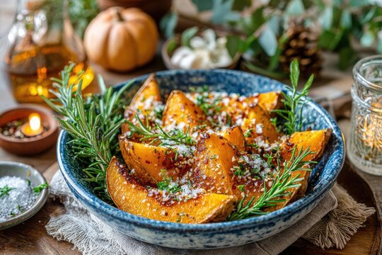 Savory Roasted Pumpkin Slices with Fresh Herbs and Seasoning Presented in a Rustic Bowl Surrounded by Natural Autumn Decor on a Cozy Dining Table