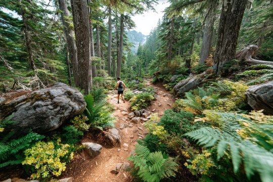 Scenic Hiking Trail Through Lush Green Forest with Rocky Path, Towering Trees, and Vibrant Ferns in a Tranquil Nature Environment