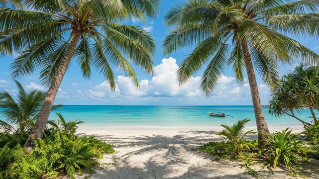 Tropical beach scene with palm trees and serene ocean view perfect for travel and relaxation themes